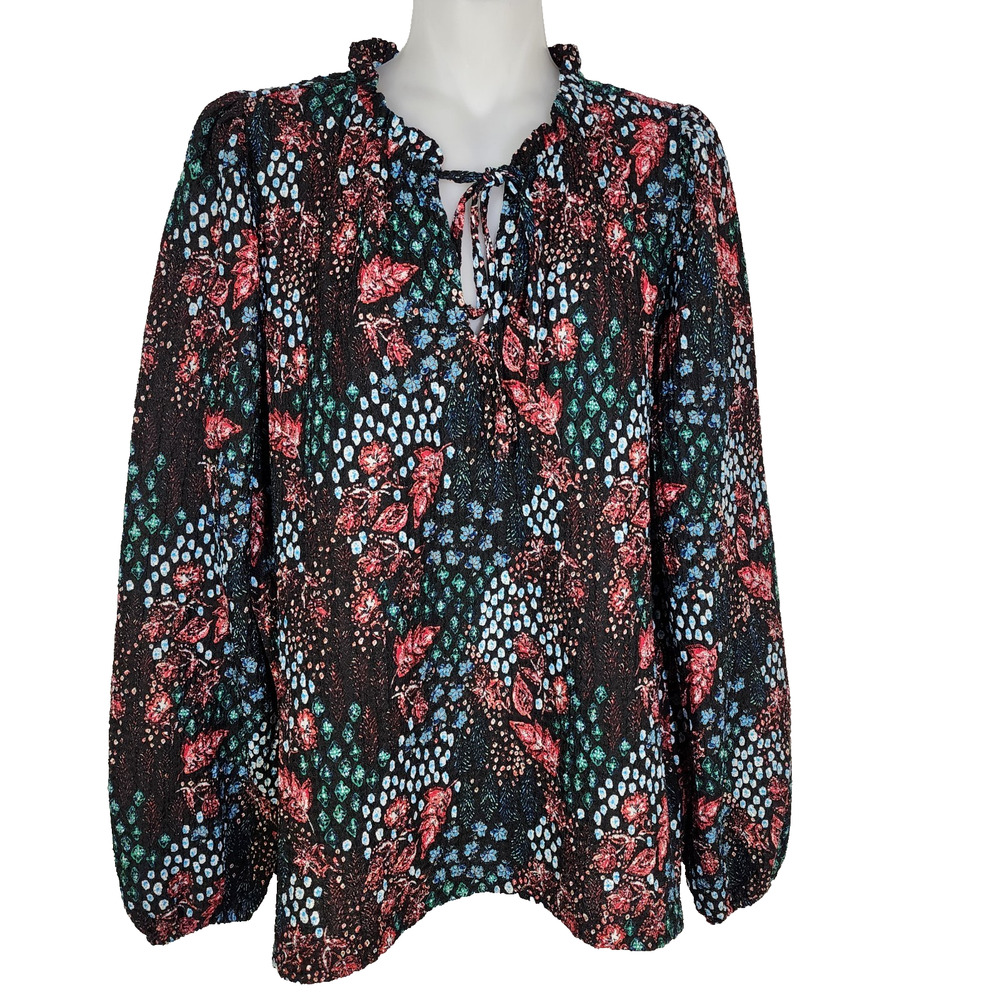 LOFT Top Womens Small Garden Textured Ruffle Tie Neck Colorful Knit Long Sleeve